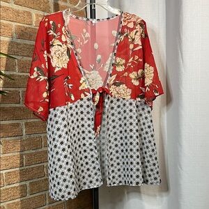 Mixed pattern tie-front casual top - XL fits like a large